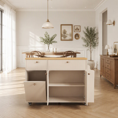 Kitchen Island with Storage and Drop Leaf, Natural Wood Top, Drawers, Spice Rack, Towel Bar, Mobile Cart for Kitchen Dining