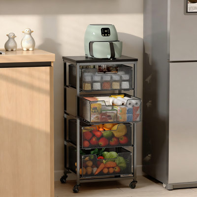 4-Tier Kitchen Storage Cart With Wood Top And Drawers