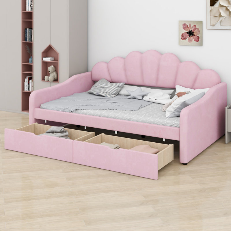 Upholstered Daybed Frame With Shell Shaped Backrest And Two Drawers, Pink