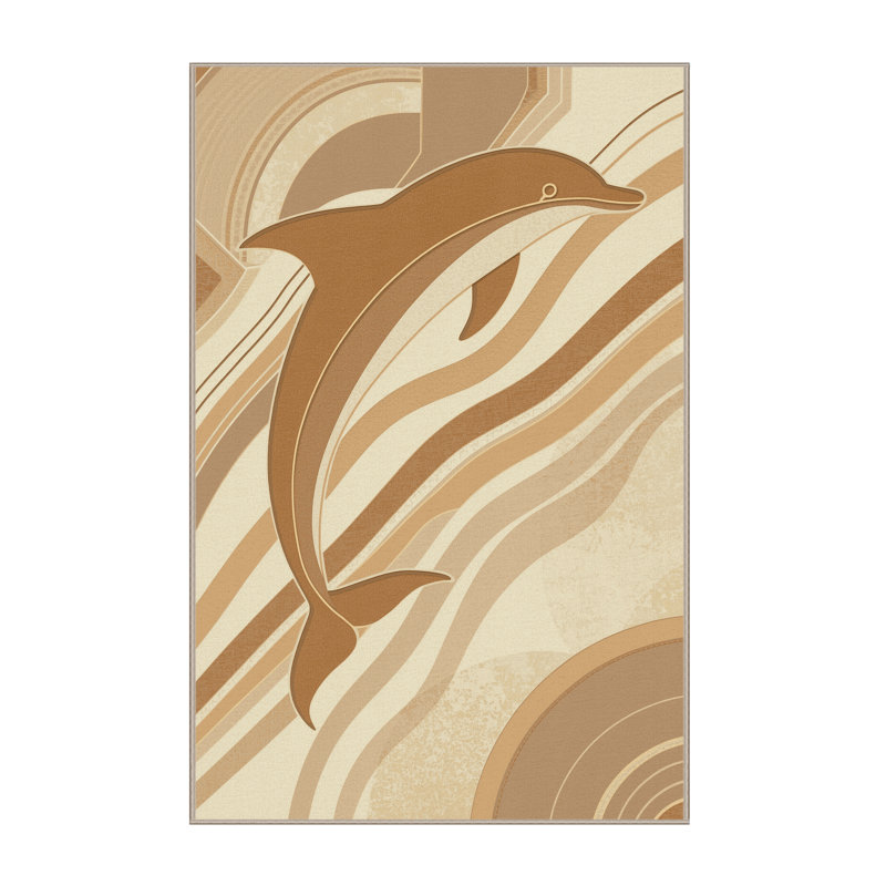 Machine Washable Pavanvir Dolphin Art Deco Arc Rug in Beige – Beige Binding, 2x5