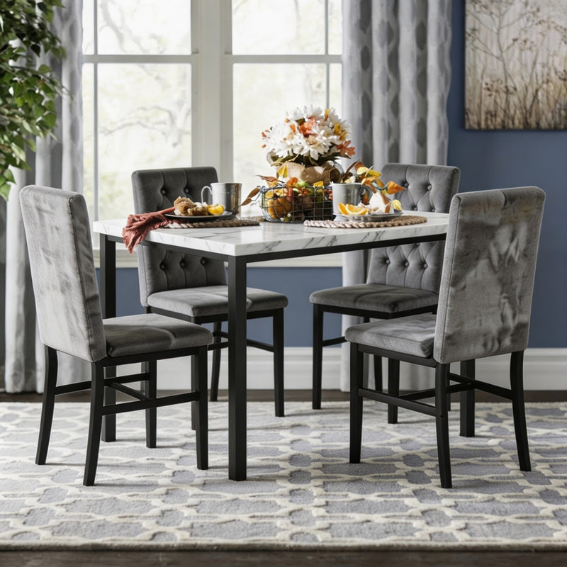 5-Piece Dininng Room Table Set with 4 Uphosltered Dining Chairs, Faux Marble Table Top and Robust Metal Frame Dining Table Set of 5, Space-Saving Design Dinette Set for Home Furniture Kitchen Restaurant