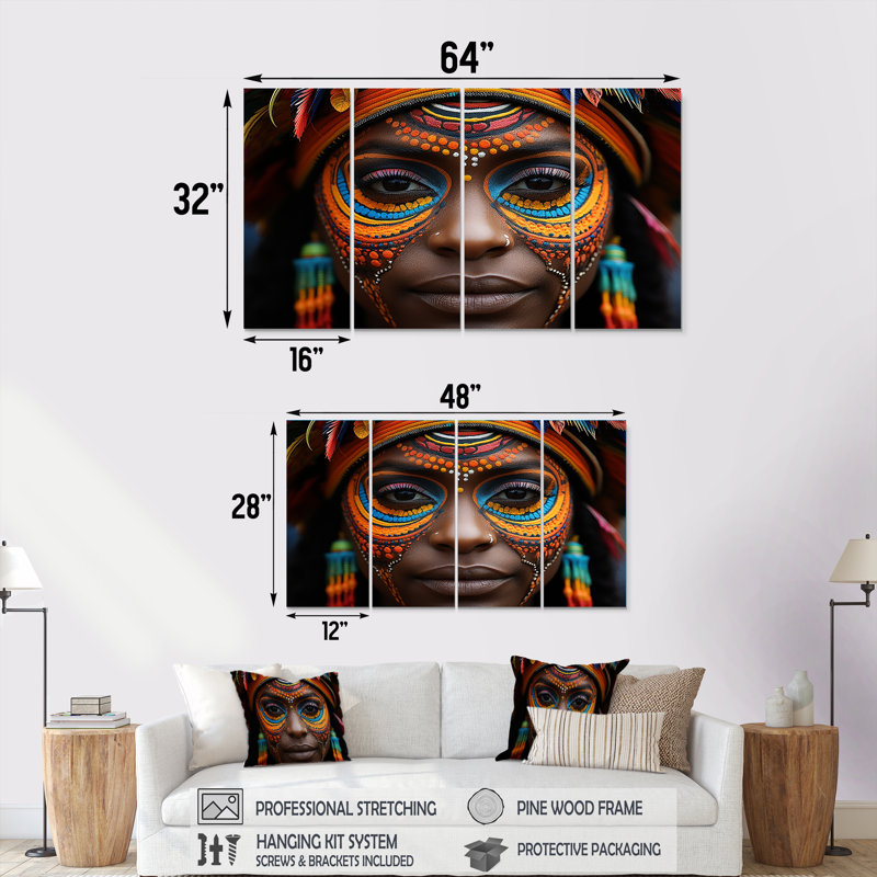 Ensemble de 4 décorations murales colorées «African Mursi Tradition Portrait - Tribal africain», H 32 po x l 64 po