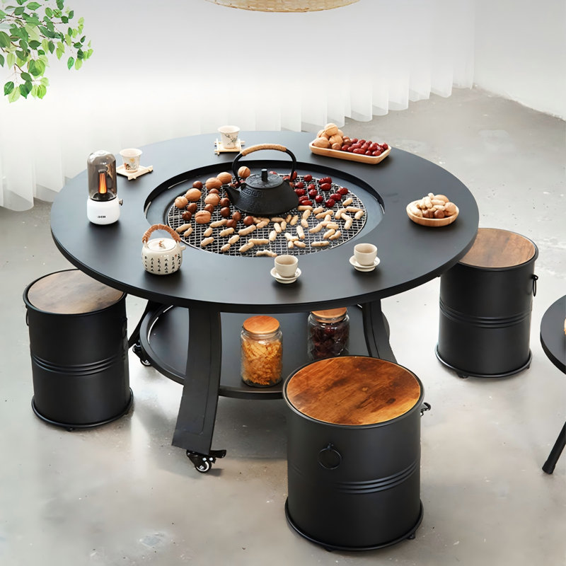 39.37" Round Cold-Rolled Steel Charcoal Wood Burning Outdoor Fire Pit Table With Lid