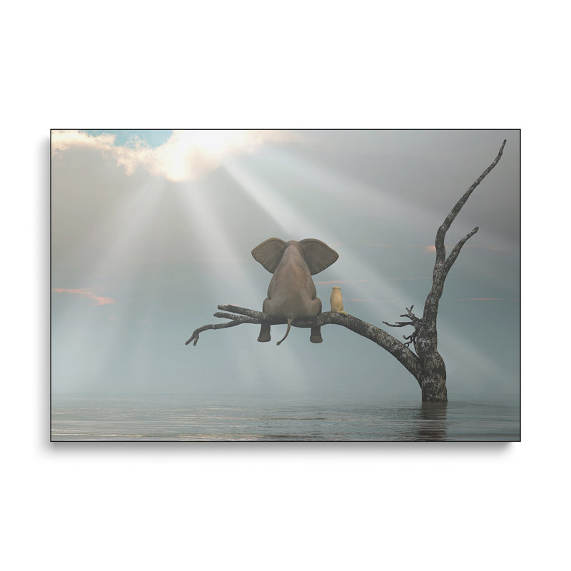 Reproduction d'art sur toile Stepreix - éléphant et chien assis sur un arbre fuyant une inondation