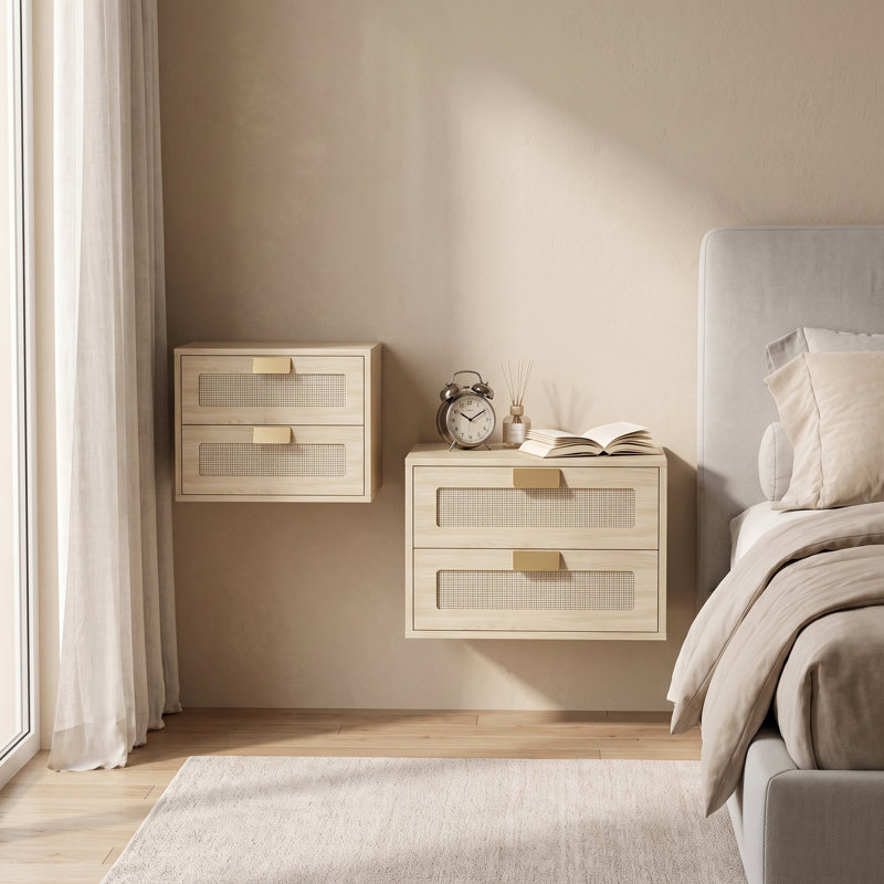 Floating Nightstands Set of 2 Wall-Mounted Bedside Tables 40x30x27.6cm Oak Rattan 2-Drawer No Legs Boho