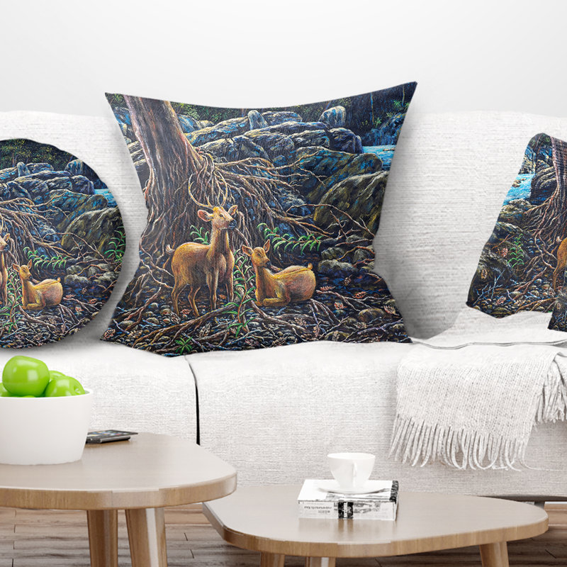 Paysage avec un cerf dans un coussin de forêt, 16 po x 1 po, Coussin décoratif