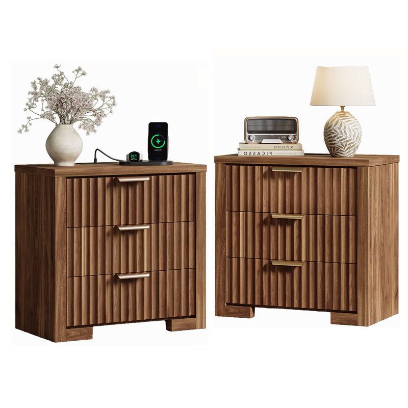Commode 3 tiroirs pour la chambre à coucher, coffre de rangement moderne l 23,6 po pour le salon (ensemble de 2), Noyer, 2