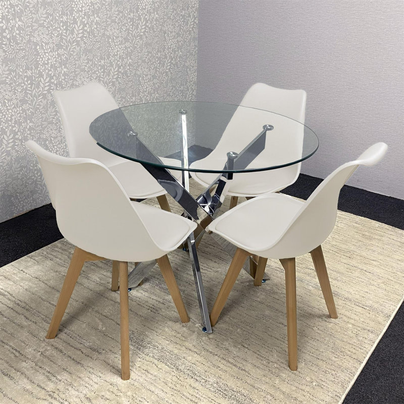 Round Glass Dining Table with Velvet Chairs - Dining Kitchen Room Furniture, Cream