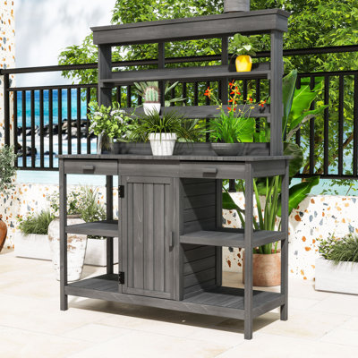Spacious Fir Wood Outdoor Potting Bench Table with Storage Shelves, Drawers and Cabinet