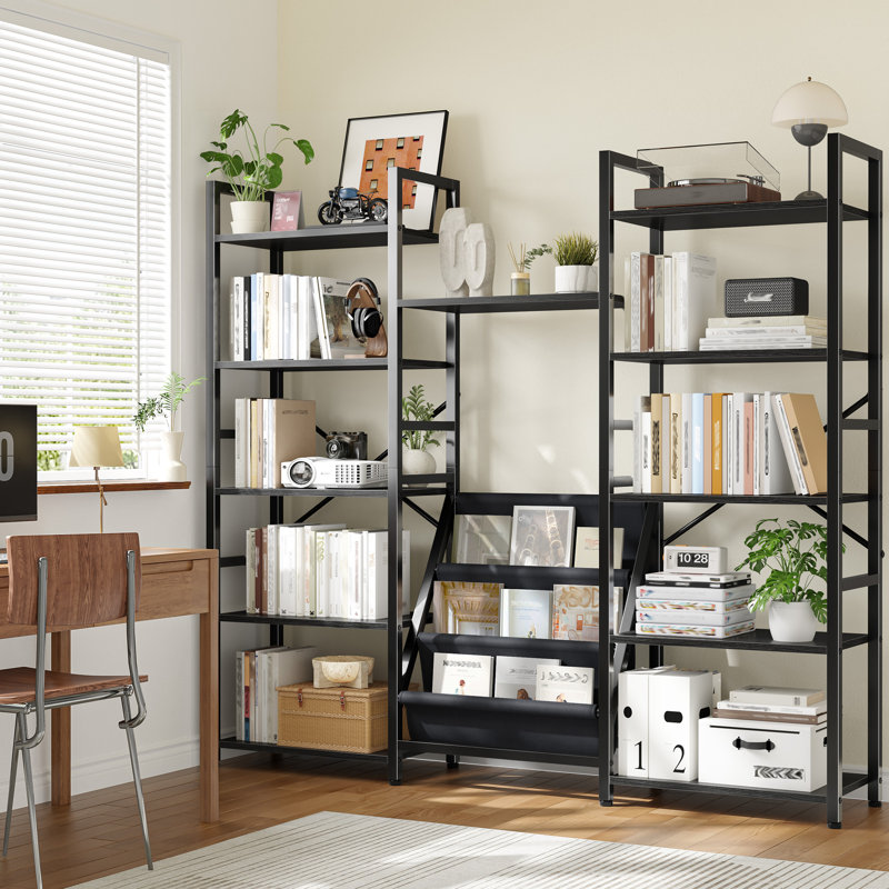 Bibliothèque à 5/6 niveaux avec bacs suspendus en tissu, tablettes réglables, unité de rangement, 5 niveaux, Noir