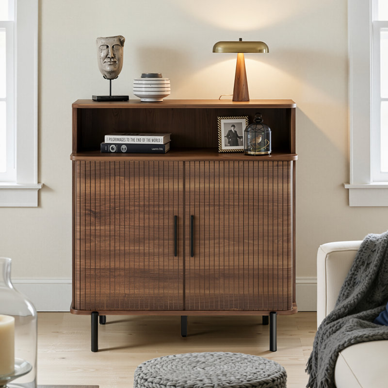 Fluted Storage Cabinet with Sliding Tambour Doors (Walnut), Brown