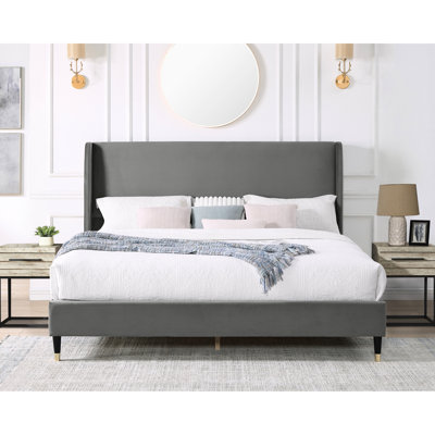 Gray Velvet Wingback Platform Queen Size Bed - Modern Bedroom Look Item Long-Lasting Durability