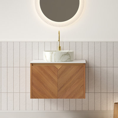 Meuble-lavabo 24 po, meuble de rangement flottant en contreplaqué, portes doubles en sergé avec garniture en métal, lavabo rond en céramique blanc mat et plateau en pierre frittée