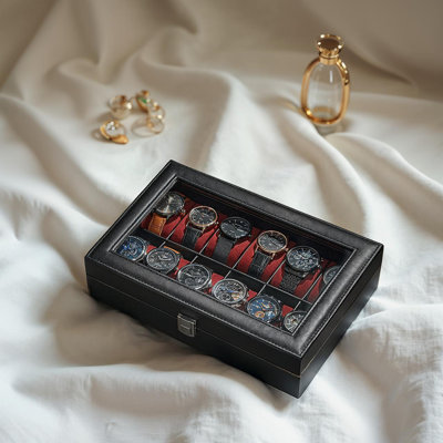 12-Slot Watch Box Organizer, Watch Case With Large Glass Lid, Removable Watch Pillows