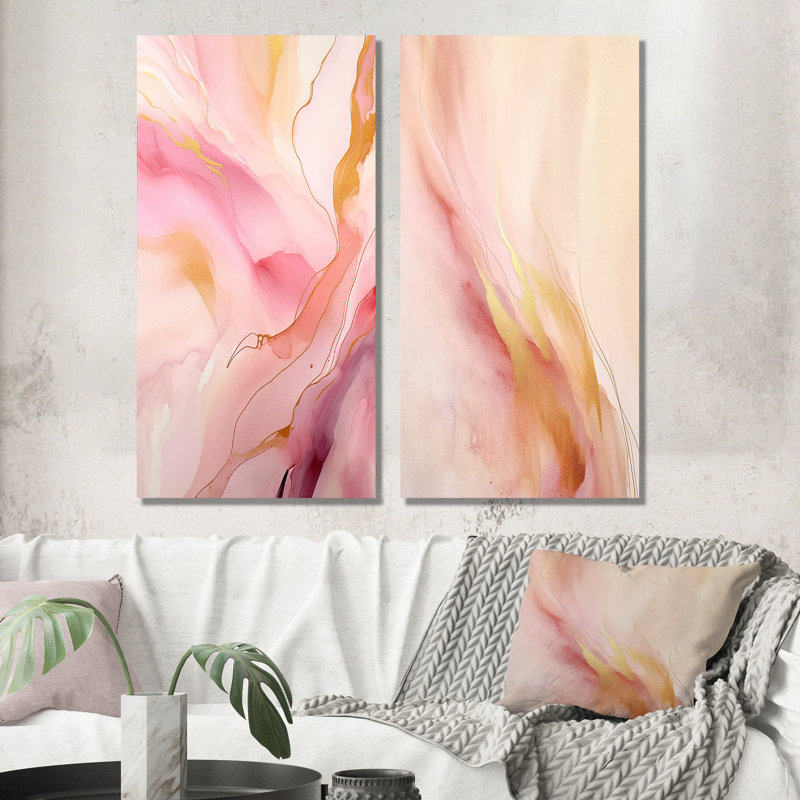 «Pink And Gold Enchanted Spills», 2 pièces sur toile, Toile tendue, H 32 po x l 32 po