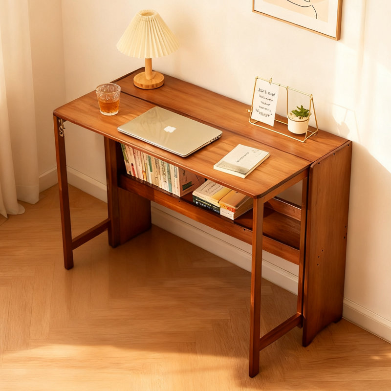 Wosnda Bamboo Folding Desk with Storage Shelf Space Saving for Home Office, Dark Brown Wood