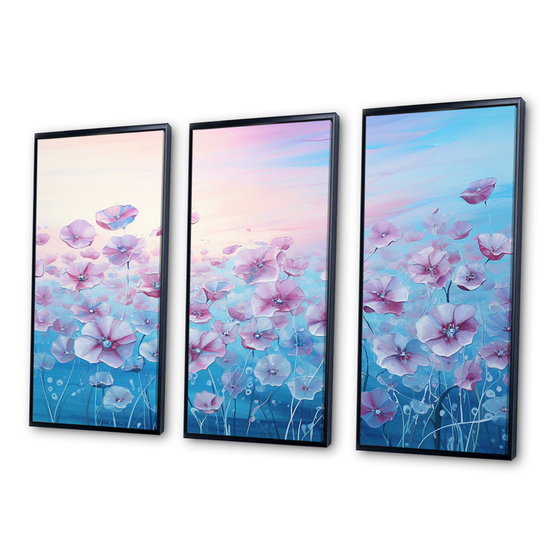 «Pink Morning Glory», art liquide, champ de fleurs - ensemble d'art mural champ de fleurs, Cadre flottant noir