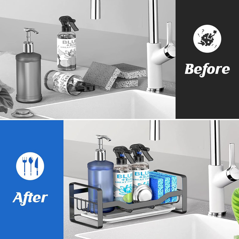 Black Stainless Steel Kitchen Sink Caddy with Removable Drain Tray