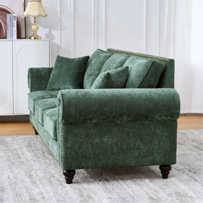 Canapé 86 po moderne à 3 places avec accoudoirs roulés, canapé rembourré en chenille avec pieds en bois et garniture cloutée pour le salon, appartement (vert)