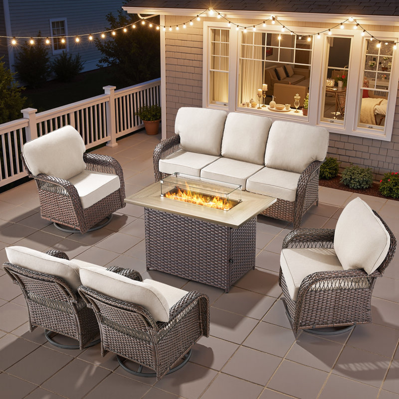 6-Piece Wicker Patio Furniture Set With 41'' Fire Pit Table, High Back Outdoor Furniture With Swivel Chairs, All-Weather Wicker Patio Conversation Set For Deck Yard Pool