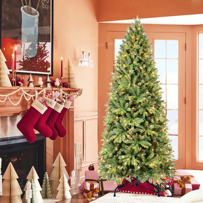 Arbre de Noël avec pointes et lumières à DEL blanc chaud - branches mixtes en PVC + PE, structure à charnières pour une installation facile, support en métal pour un soutien solide, décoration des Fêtes luxueuse
