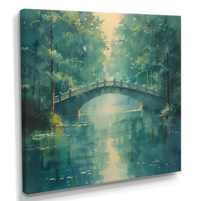 Green Beige River Crossing Park Bridge II - Bridges Wall Art Print