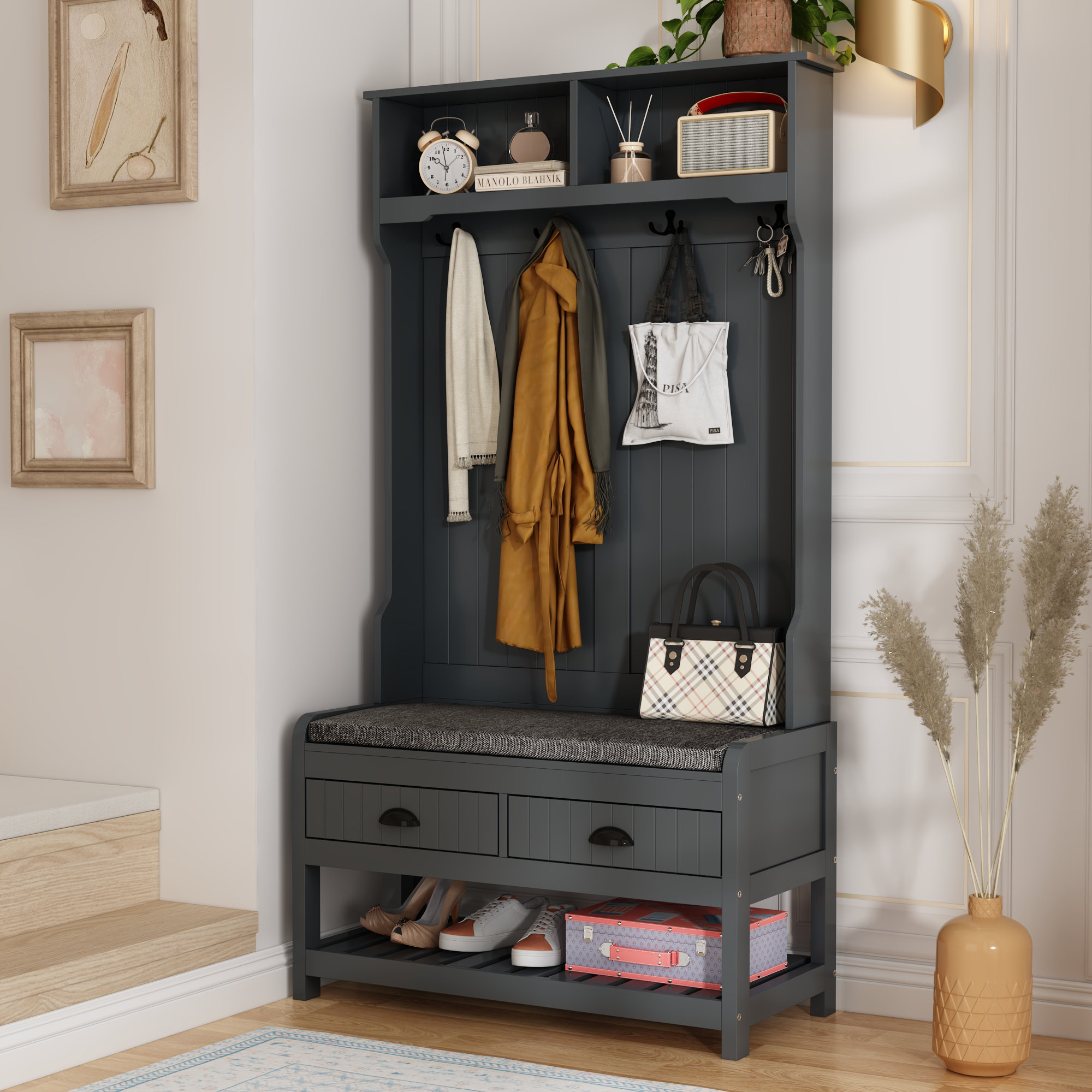 Modern Hall Tree with Bench and Shoe Storage Red Barrel Studio Color Gray