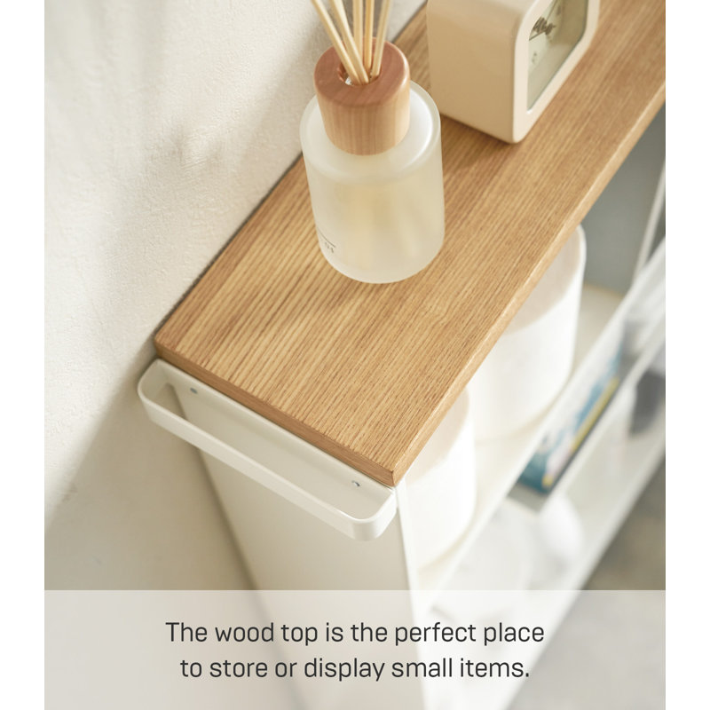 Slim White Wood Adjustable Rolling Bathroom Storage Cart