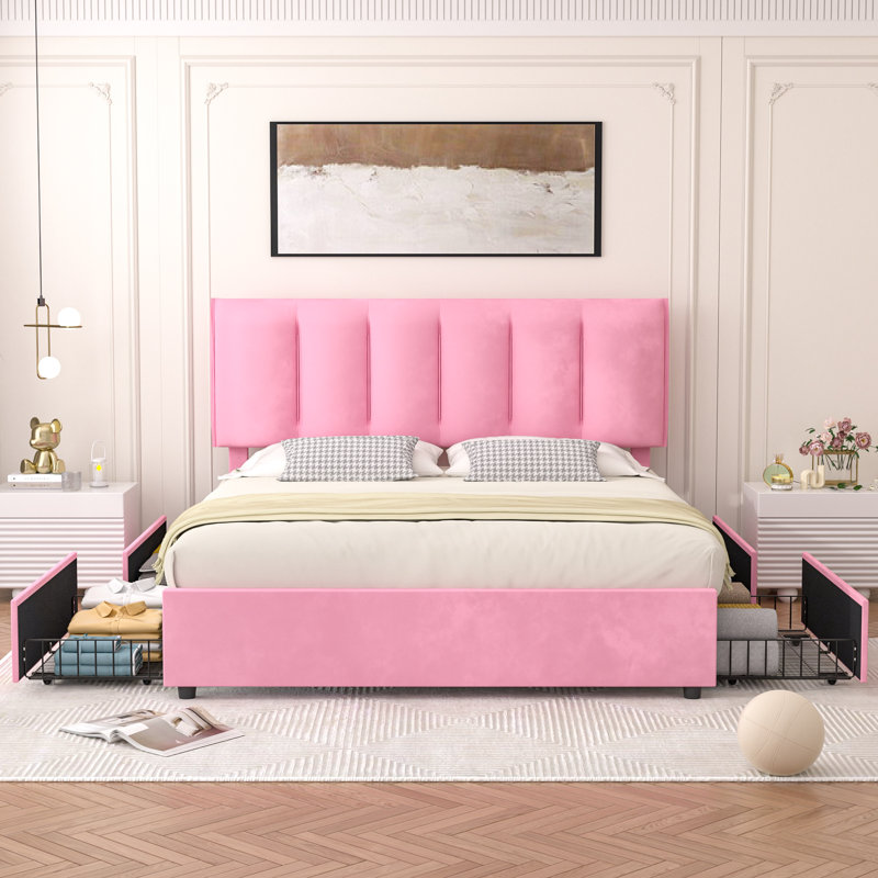Orwhin Bed Frame 4 Drawers Storage, Upholstered Bed Frame with Velvet Adjustable Headboard Queen Full King Size Platform Bed Wood Support