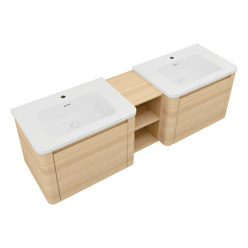 Meuble-lavabo mural de 68 po avec lavabo en céramique, tablettes de rangement et 2 portes à fermeture en douceur