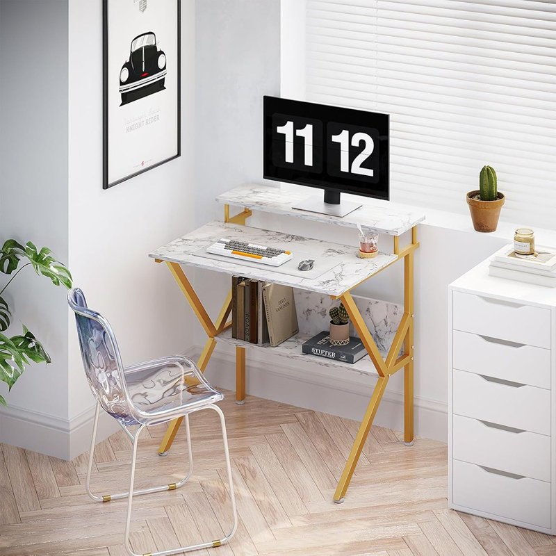 Petit bureau, bureau d'ordinateur de 27,5 pouces pour les petits espaces, bureau compact avec rangement, petite table d'étude avec support pour bureau personnel, marbre blanc et pieds dorés
