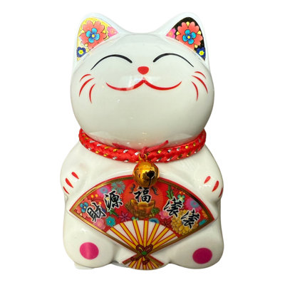 Small Lucky Cat Coin Bank - Feng Shui Maneki Neko Ceramic Piggy Bank For Good Luck & Prosperity, Feng Shui Ornament Money Fortune Cat Gift Decorations For Home, Office, Store - 4.75" Height (Fan 1)