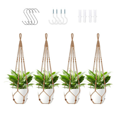 Jute Macrame Plant Hanger Indoor Set Of 4 Hanging Planter Basket Flower Pot Holder With Decorative Wood Beads & No Tassels For Indoor Outdoor Boho Home Decor, 35 Inch Brown (Pots Not Included)