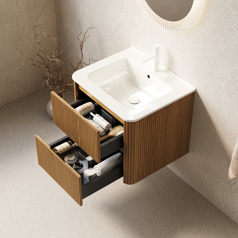 Meuble-lavabo mural de 61 cm (24 po) avec armoire en contreplaqué, 2 tiroirs, lavabo en céramique blanche brillante, finition naturelle, fermeture douce et silencieuse, design d'angle arrondi, lavabo flottant rayé, tiroirs lisses