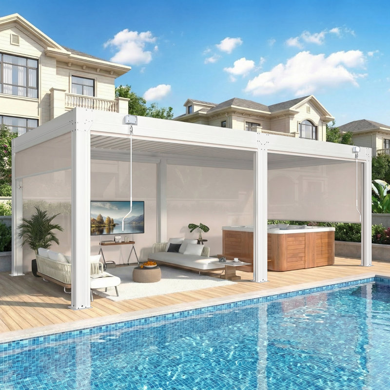 Pergola à persiennes 20 x 10 pi avec écrans rétractables, pavillon de jardin extérieur en aluminium avec toit imperméable réglable pour patio, terrasse et spa, blanc