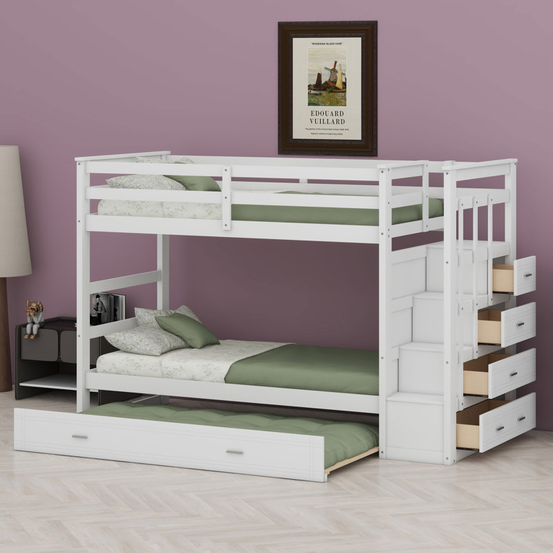Bunk Bed With Trundle And Staircase, White
