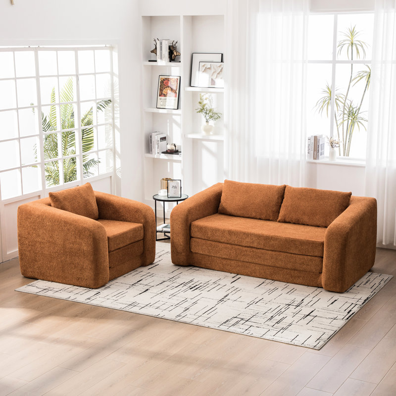 Canapé-lit pliable 2 pièces orange, confortable en chenille à motif goutte d'eau, mousse haute densité et coussins décoratifs pour lit convertible de dortoir orange avec bords arrondis doux