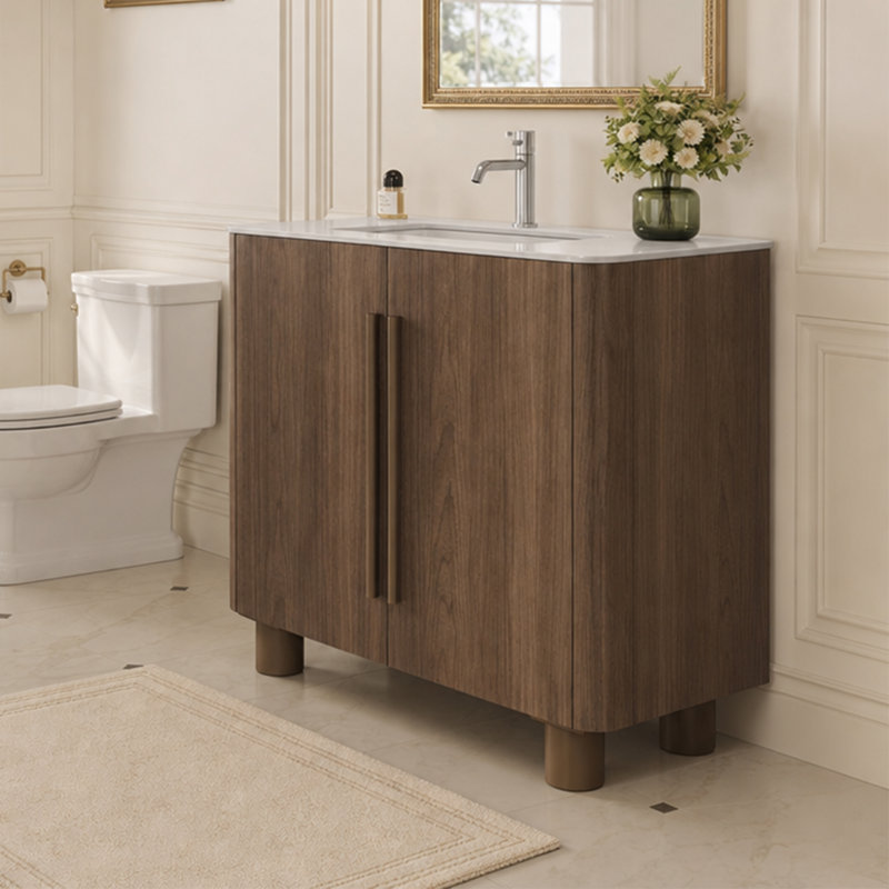 Ensemble de meuble-lavabo simple en bois massif 36 po avec plateau en pierre frittée et deux tiroirs 36 po