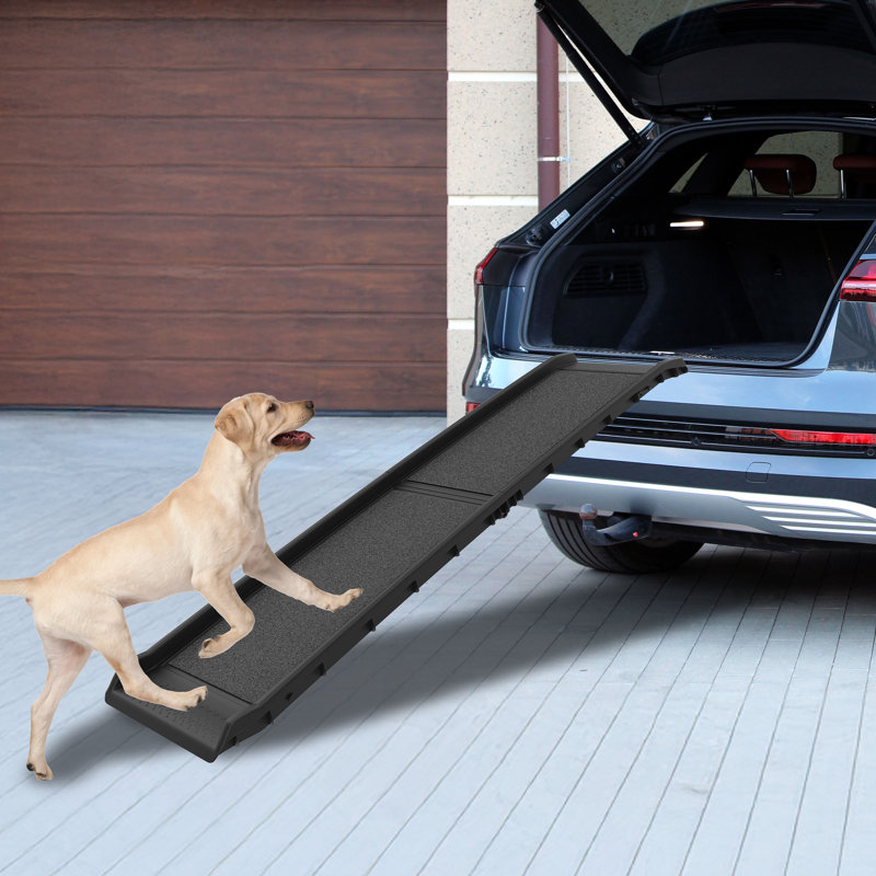 PETMAKER 61" Dog Ramp for Cars, Trucks, SUVs – Portable Foldable Nonslip Pet Ramp with Raised Side Rails, Durable Polypropylene Plastic, Easy Storage & Travel, Supports Up to 150 lb, Black
