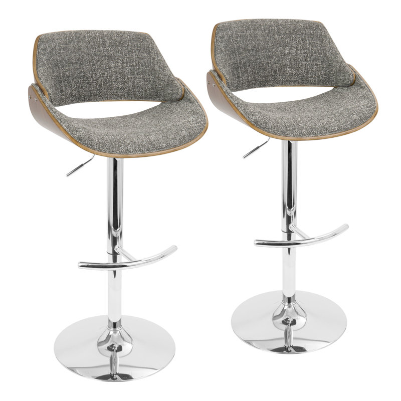 Ensemble de 2 tabourets de bar réglables de style Mid-Century avec pivot en chrome, noyer et tissu gris bruit