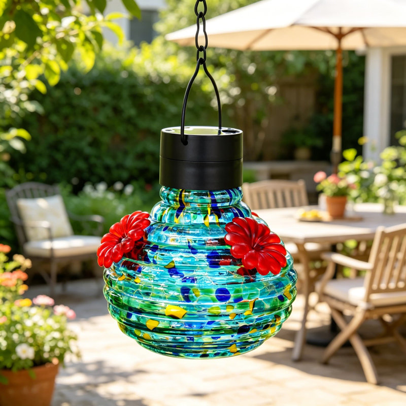Mangeoire solaire à colibri avec lumière DEL à énergie solaire, mangeoire à suspendre en verre soufflé à la main 17 oz, conception facile à nettoyer antirouille, décoration de jardin écologique
