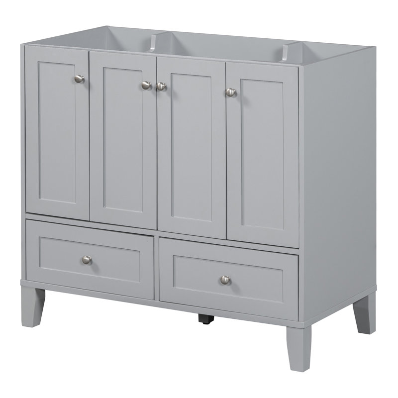 Meuble-lavabo de salle de bain sans comptoir, armoire de rangement de salle de bain en bois massif seulement, meuble-lavabo autoportant avec 4 portes à fermeture douce et 2 tiroirs