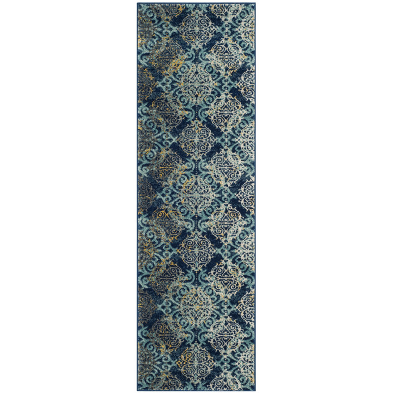 Tapis oriental royal / bleu clair Franke, Tapis de couloir 2 pi 2 po x 7 pi