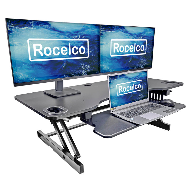 Rocelco 45 in. Black Height Adjustable Standing Desk Converter with Triple Monitor Riser and Dual Piston Lift Mechanism