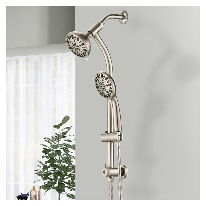 Drill-Free Dual Rain Shower Head System with 7-Setting Handheld Sprayer, Brushed Nickel Stainless Steel Slide Bar Spa Combo