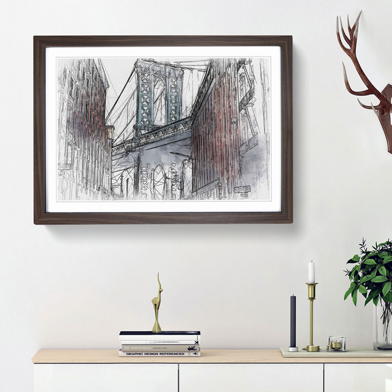 George Washington Bridge in Abstract - Picture Frame Graphic Art Print, 27cm H x 36cm W x 2cm D, Walnut Framed