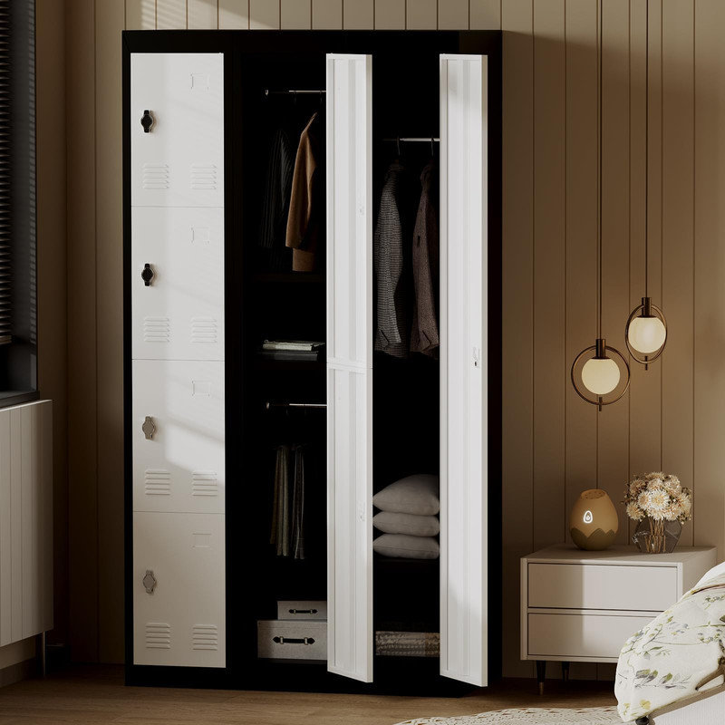 Casier en acier de 71 po avec tringle et tablettes, grand rangement peu encombrant pour vestibule, vestibule, salle de sport et bureau