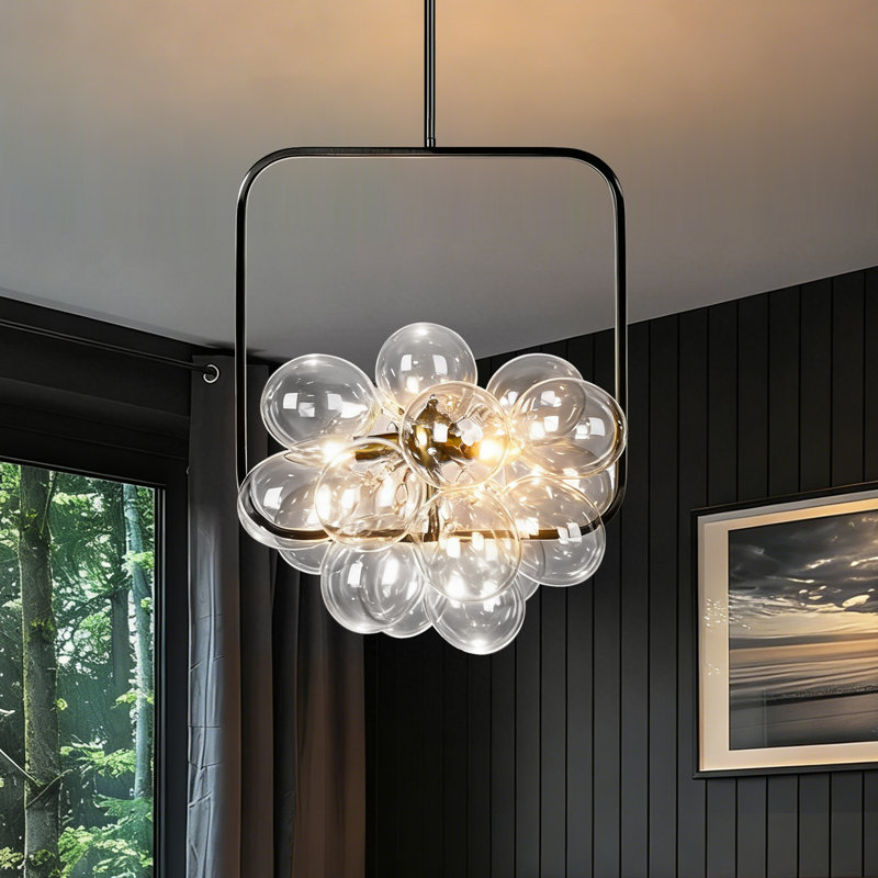 Modern Dimmable Glass Bubble Sphere Chandelier, Dia 15", Matte Black, Clear