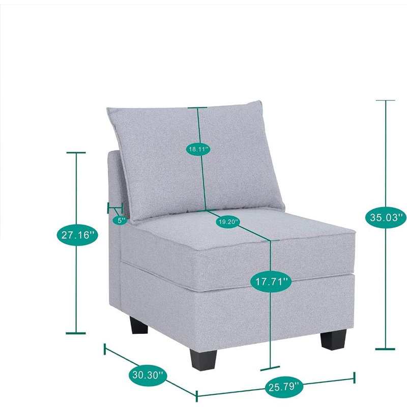 Borgar Middle Module with Storage Accent Armless Chair for Modular Sofa Customizable Sectional Sofa, White Linen