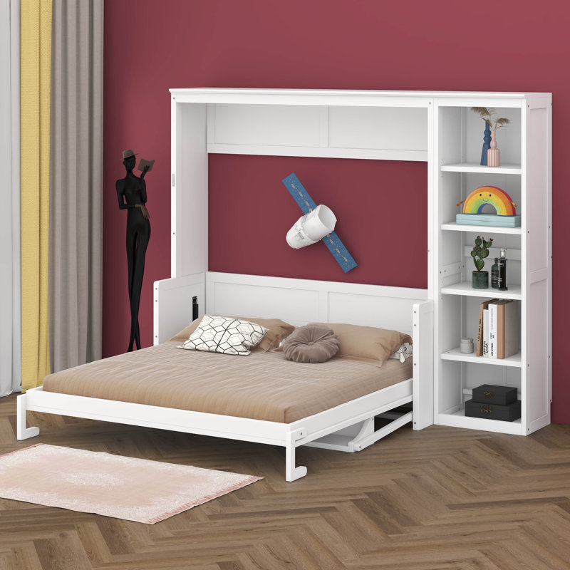 Lit escamotable avec bureau et bibliothèque Murphy, Blanc, Queen